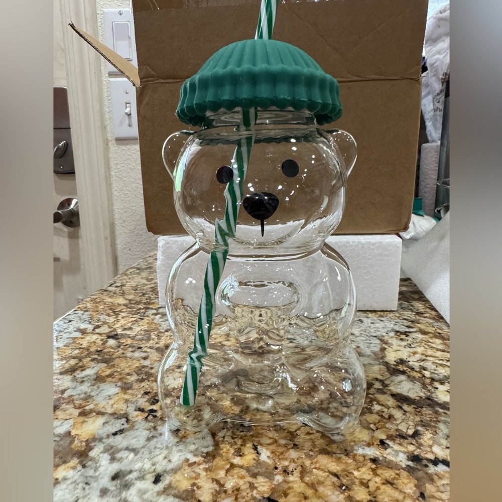 Glass Bear Drink Jar with Green Lid and Striped Straw
